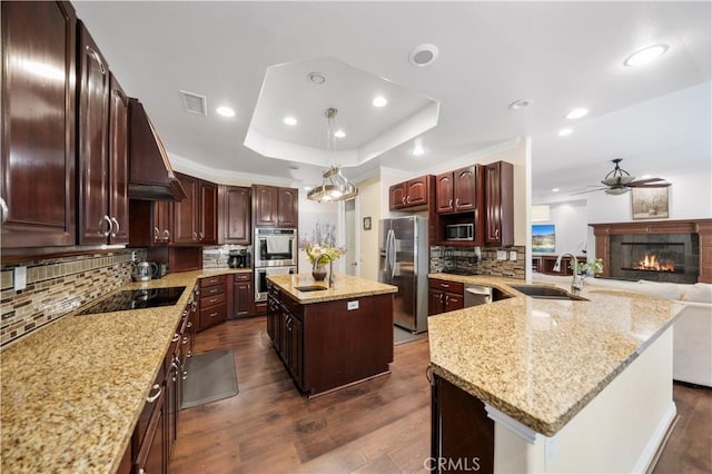 kitchen with a tray ceiling, decorative light fixtures, stainless steel appliances, a kitchen island, and a sink