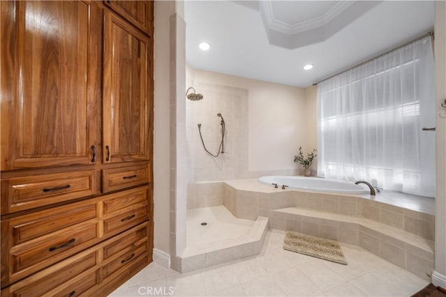 bathroom featuring tiled shower, tile patterned floors, a garden tub, crown molding, and recessed lighting