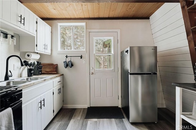 396 Kern Ave, Sugarloaf, CA 92386 - kitchen featuring wooden ceiling, stainless steel refrigerator, hardwood / wood-style floors, sink, and white cabinetry