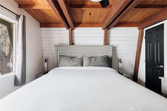 396 Kern Ave, Sugarloaf, CA 92386 - bedroom with wooden ceiling, wood walls, and beam ceiling