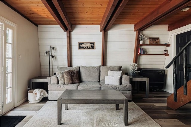 living room featuring wooden walls, hardwood / wood-style floors, wooden ceiling, and beam ceiling