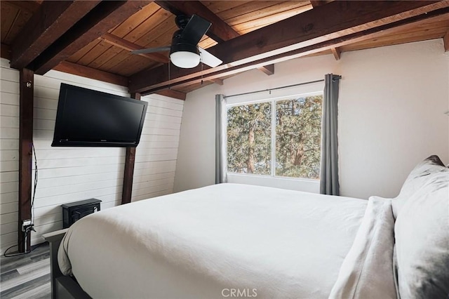 396 Kern Ave, Sugarloaf, CA 92386 - bedroom with beam ceiling, ceiling fan, wood ceiling, wood walls, and light wood-type flooring