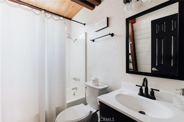 396 Kern Ave, Sugarloaf, CA 92386 - full bathroom featuring shower / bath combo with shower curtain, toilet, wooden ceiling, vaulted ceiling with beams, and vanity