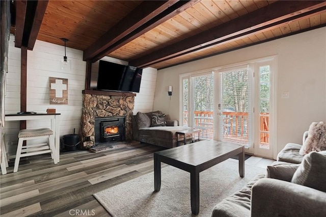 396 Kern Ave, Sugarloaf, CA 92386 - living room featuring french doors, beam ceiling, hardwood / wood-style flooring, and wood ceiling