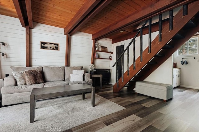 396 Kern Ave, Sugarloaf, CA 92386 - living room featuring beam ceiling, dark wood-type flooring, wood walls, and wooden ceiling