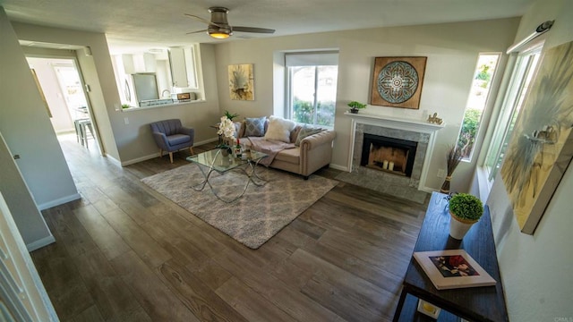 living room featuring ceiling fan, a tiled fireplace, and dark hardwood / wood-style flooring