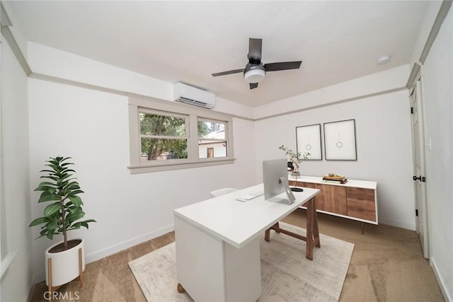 office with light carpet, a wall mounted AC, a ceiling fan, and baseboards