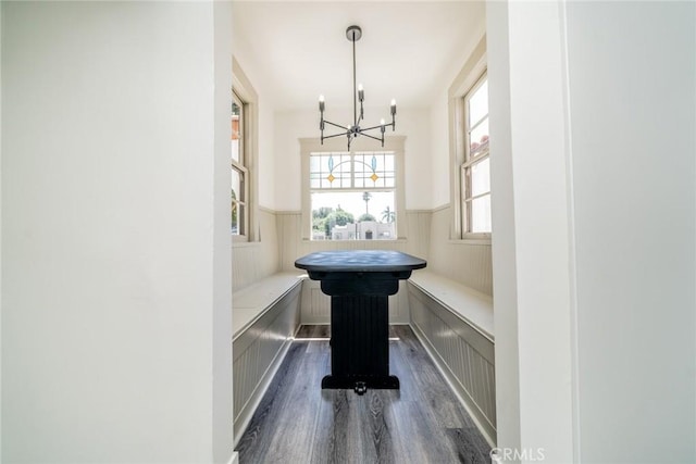 room details featuring a notable chandelier, wood finished floors, and wainscoting