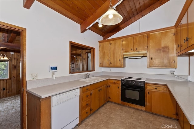 kitchen featuring white dishwasher, decorative light fixtures, wood ceiling, sink, and black electric range oven