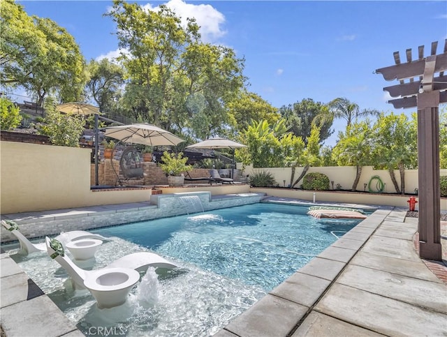 view of pool featuring a fenced in pool, a fenced backyard, and a patio