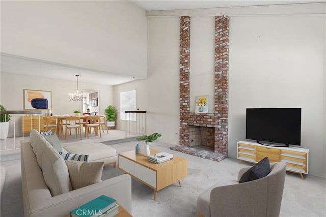 carpeted living room with a fireplace, an inviting chandelier, and a towering ceiling