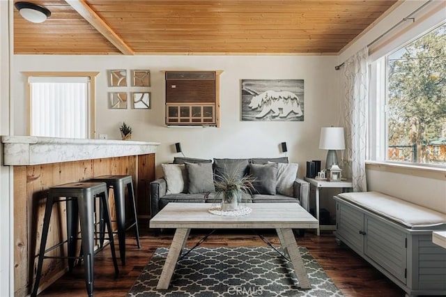 living room featuring dark hardwood / wood-style flooring and wood ceiling