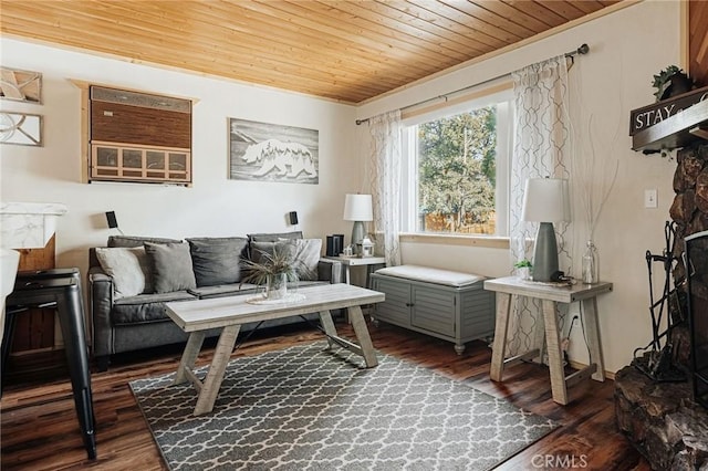 living room featuring dark hardwood / wood-style flooring and wood ceiling