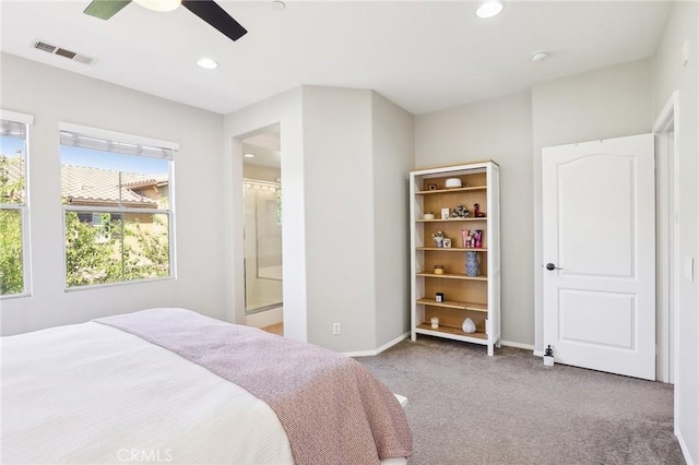 bedroom with baseboards, visible vents, a ceiling fan, carpet floors, and recessed lighting