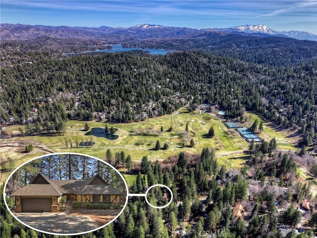 drone / aerial view with a forest view and a mountain view