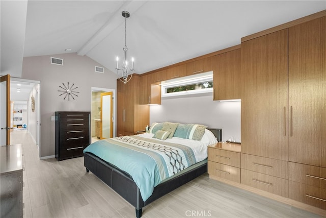 bedroom featuring visible vents, a chandelier, light wood finished floors, and lofted ceiling with beams