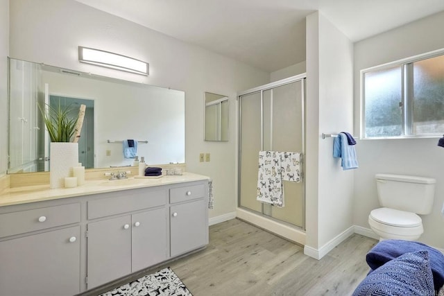 bathroom featuring toilet, vanity, an enclosed shower, and wood-type flooring