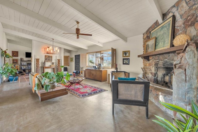 living room featuring a fireplace, vaulted ceiling with beams, and ceiling fan with notable chandelier