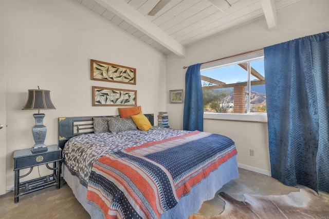 carpeted bedroom with vaulted ceiling with beams and wood ceiling