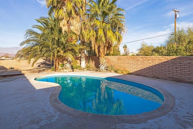 view of swimming pool featuring a patio and a mountain view