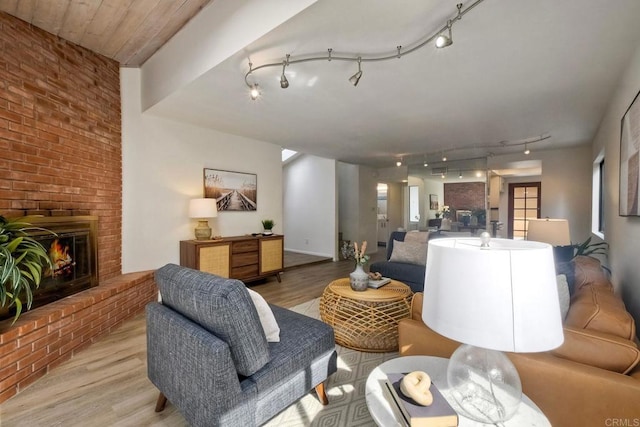 living area with a fireplace, light wood-style flooring, and track lighting