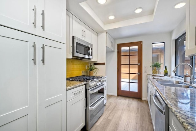 kitchen with a tray ceiling, appliances with stainless steel finishes, white cabinetry, and light stone counters