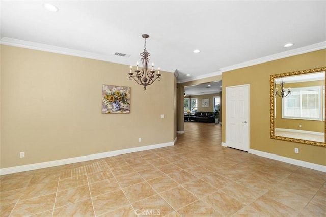 tiled spare room with crown molding and a notable chandelier