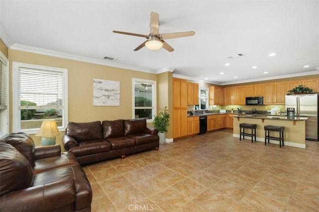 living room featuring ceiling fan, ornamental molding, and sink