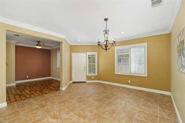 unfurnished room featuring ceiling fan with notable chandelier, light tile patterned floors, and crown molding