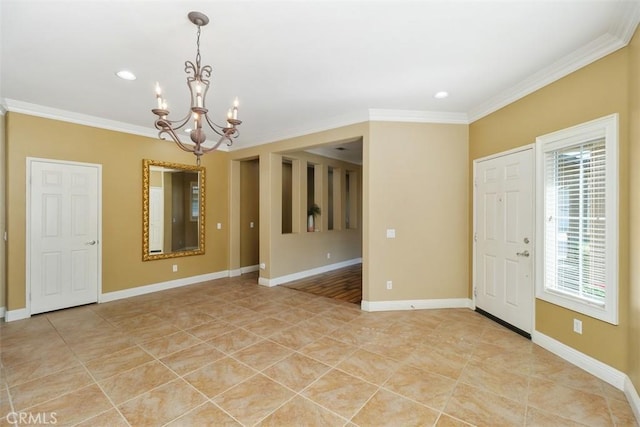 tiled empty room with ornamental molding and an inviting chandelier