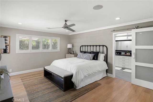 bedroom featuring recessed lighting, wood finished floors, a ceiling fan, baseboards, and ornamental molding