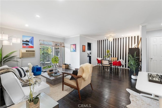 living room featuring crown molding, a wall mounted air conditioner, and dark hardwood / wood-style floors