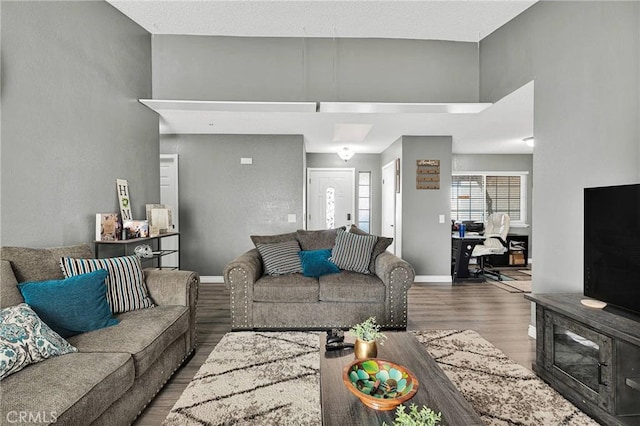 living area featuring baseboards, a high ceiling, and wood finished floors