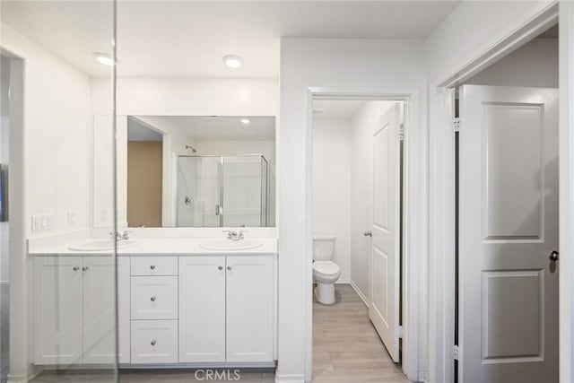 bathroom with a shower stall, toilet, double vanity, and a sink
