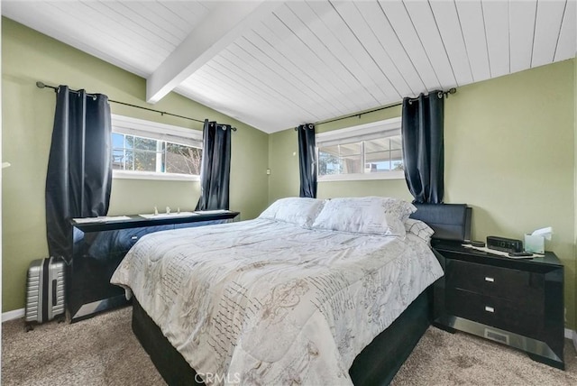 carpeted bedroom featuring wooden ceiling and lofted ceiling with beams