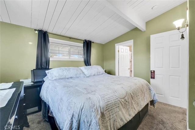 carpeted bedroom with wood ceiling and lofted ceiling with beams