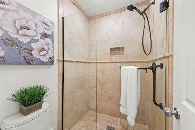 full bathroom featuring a stall shower and toilet