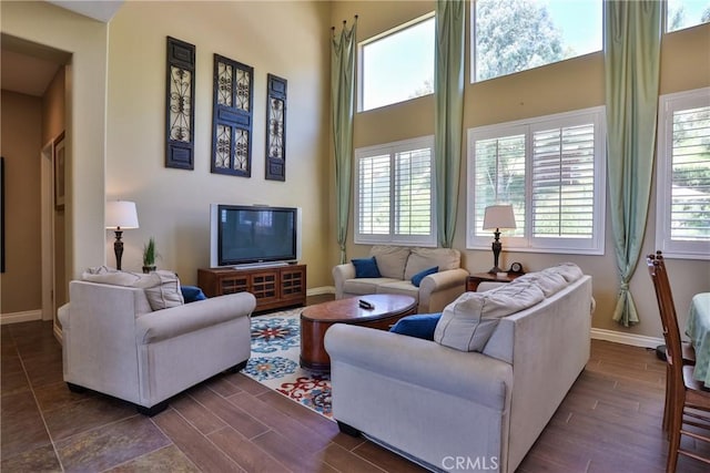 living room with a high ceiling