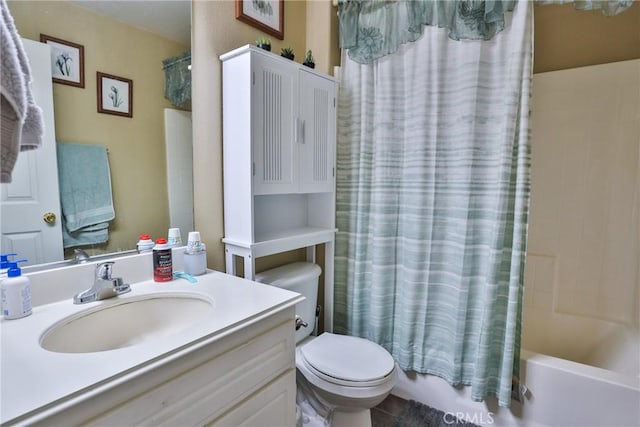 full bathroom with toilet, shower / bath combo, and vanity