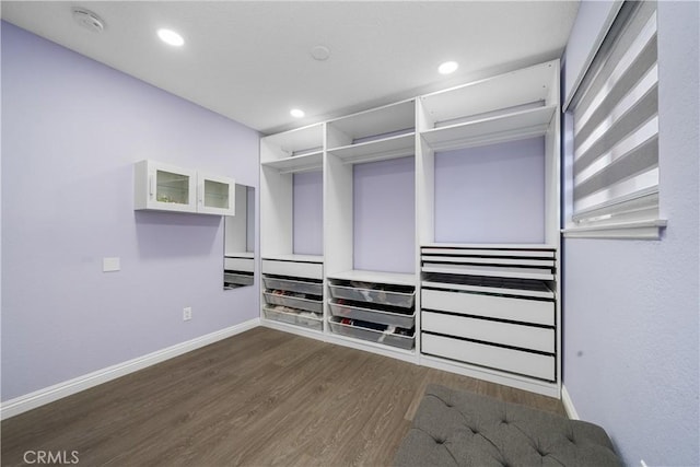 spacious closet with dark wood-style floors