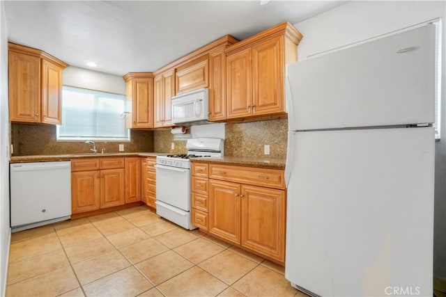 kitchen with white appliances, light tile patterned flooring, recessed lighting, and tasteful backsplash