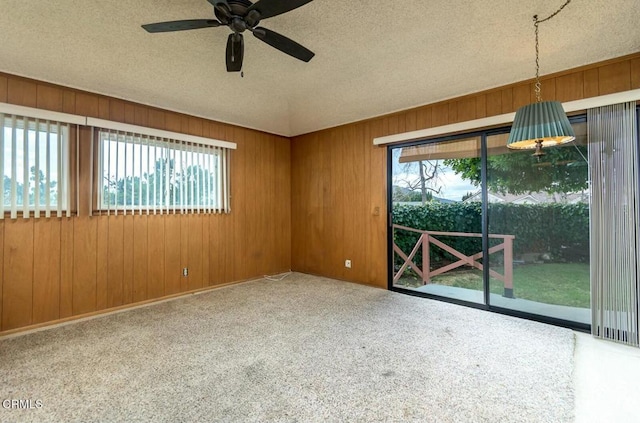 spare room featuring a wealth of natural light, wooden walls, carpet floors, and a textured ceiling