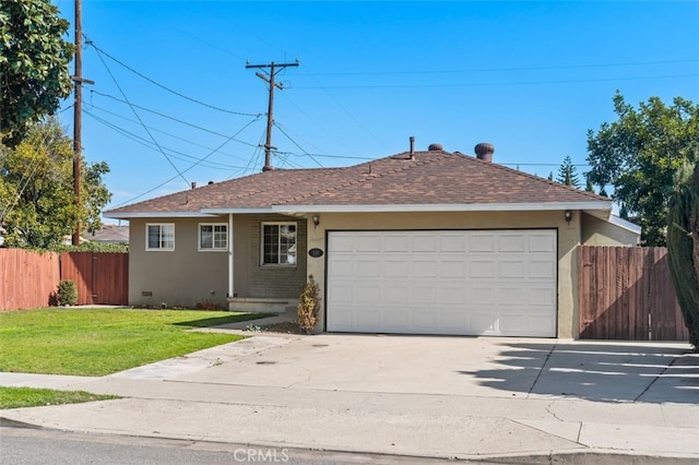 single story home featuring a front yard and a garage