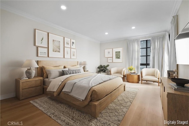 bedroom with crown molding and wood-type flooring