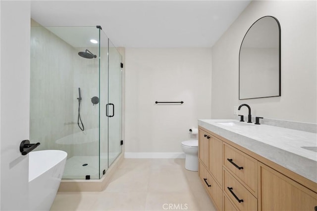 full bathroom with vanity, shower with separate bathtub, toilet, and tile patterned floors