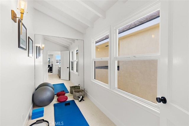 exercise room featuring light carpet and lofted ceiling