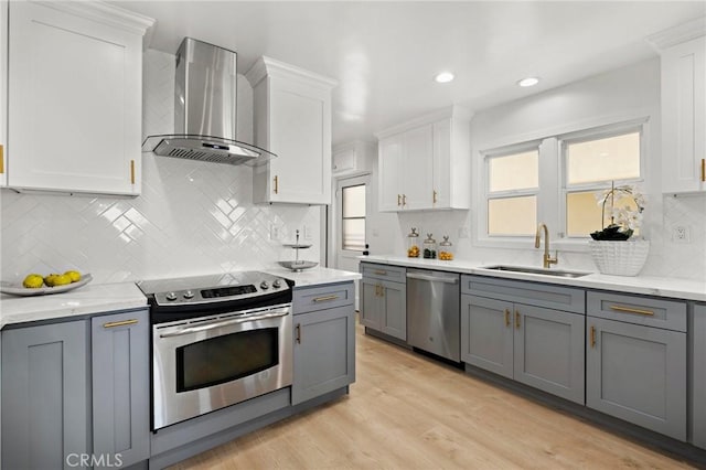 kitchen with appliances with stainless steel finishes, sink, white cabinetry, gray cabinetry, and wall chimney range hood