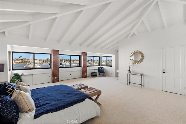 carpeted bedroom featuring multiple windows, high vaulted ceiling, and beamed ceiling