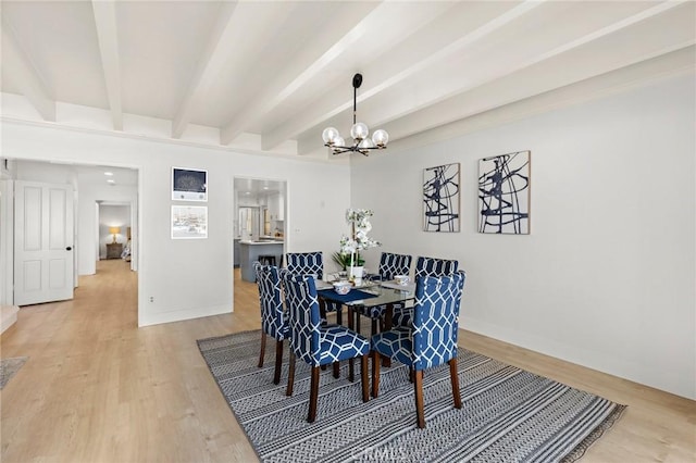 dining area featuring hardwood / wood-style floors, a notable chandelier, and beam ceiling