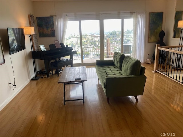 living room with baseboards and wood finished floors